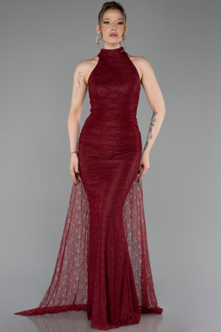 Bordo Halter Yaka Kuyruklu Uzun Dantel Abiye Elbise ABU6084
