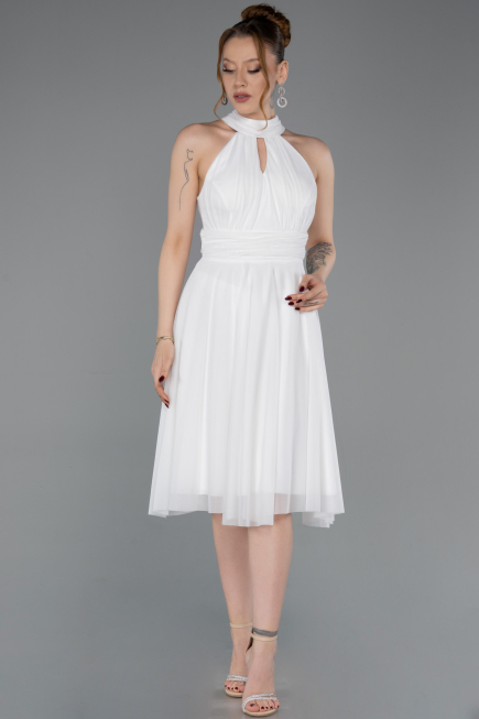 Ekru Halter Yaka Midi Şifon Mezuniyet Elbisesi ABK2612