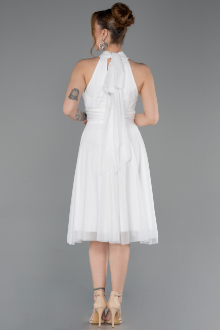 Ekru Halter Yaka Midi Şifon Mezuniyet Elbisesi ABK2612