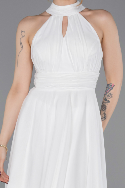 Ekru Halter Yaka Midi Şifon Mezuniyet Elbisesi ABK2612