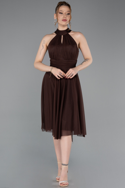Kahve Halter Yaka Midi Şifon Mezuniyet Elbisesi ABK2612