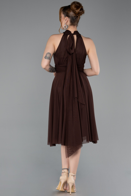 Kahve Halter Yaka Midi Şifon Mezuniyet Elbisesi ABK2612