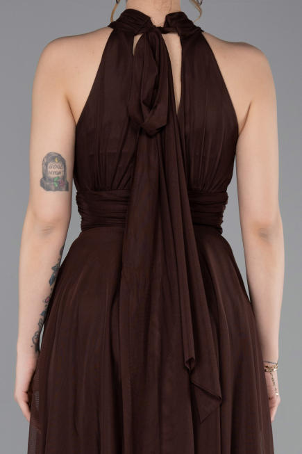 Kahve Halter Yaka Midi Şifon Mezuniyet Elbisesi ABK2612
