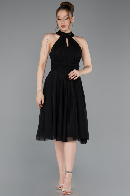 Siyah Halter Yaka Midi Şifon Mezuniyet Elbisesi ABK2612