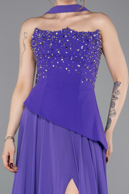 Mor Taşlı Straplez Peplum Yırtmaçlı Uzun Şifon Abiye ABU6018