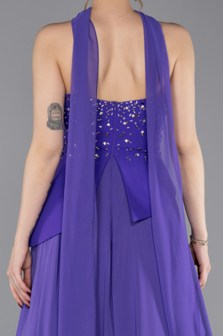 Mor Taşlı Straplez Peplum Yırtmaçlı Uzun Şifon Abiye ABU6018