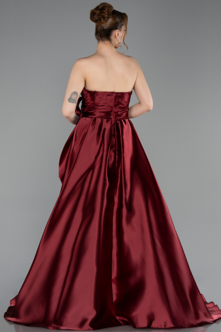 Bordo Straplez Yırtmaçlı Uzun Saten Abiye ABU4774