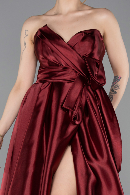 Bordo Straplez Yırtmaçlı Uzun Saten Abiye ABU4774