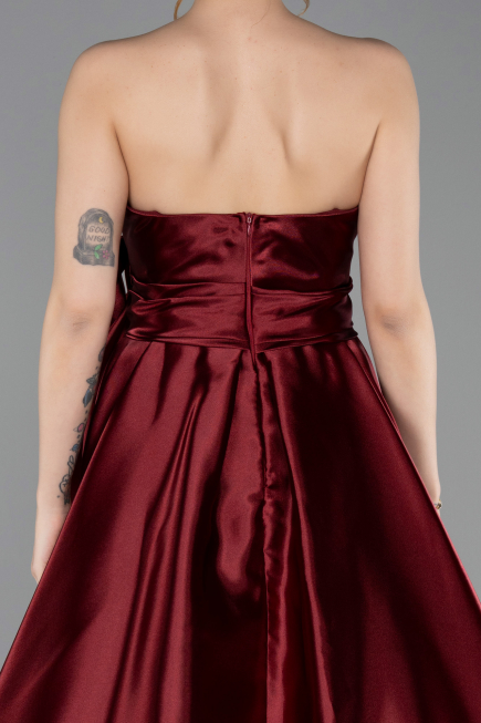 Bordo Straplez Yırtmaçlı Uzun Saten Abiye ABU4774