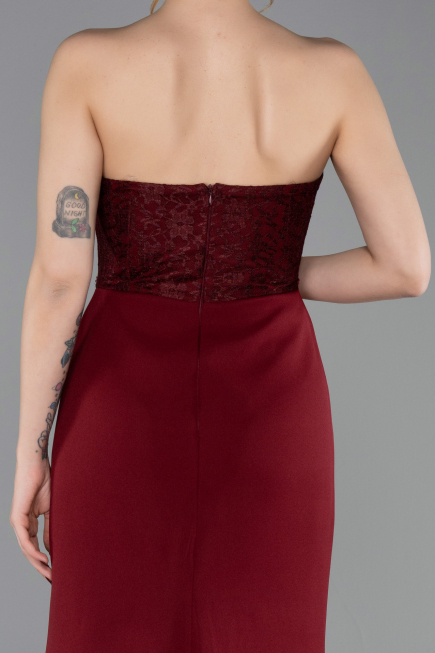 Bordo Taşlı Straplez Yaka Uzun Balık Abiye ABU5568