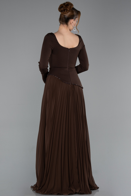 Kahve Uzun Kol Kare Yaka Peplum Şifon Abiye Elbise ABU6088