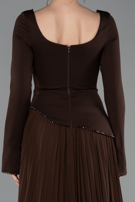 Kahve Uzun Kol Kare Yaka Peplum Şifon Abiye Elbise ABU6088