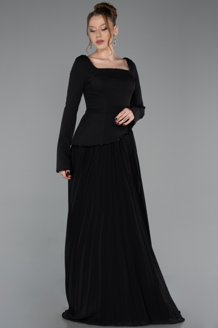 Siyah Uzun Kol Kare Yaka Peplum Şifon Abiye Elbise ABU6088