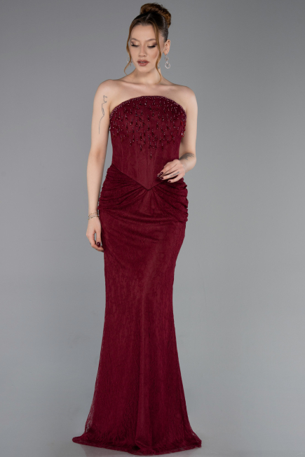Bordo Straplez Boncuklu Balen Korse Uzun Dantel Abiye ABU6089