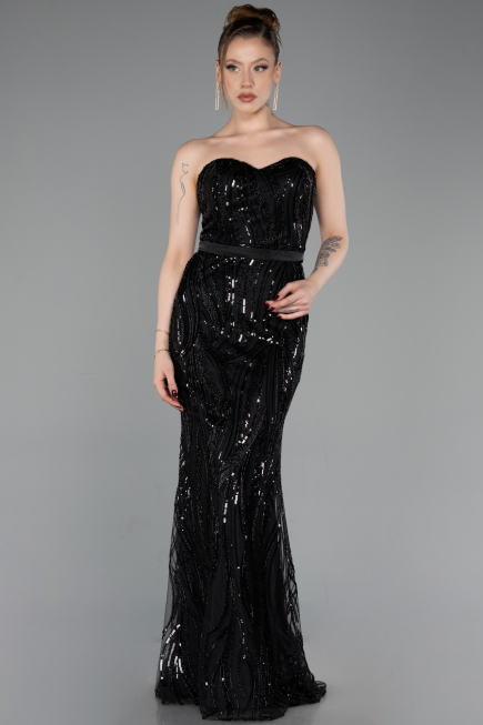 Siyah Straplez Pelerin Detay Uzun Pullu Abiye ABU6099