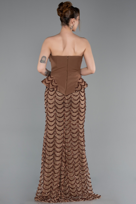 Bakır Straplez Peplum Uzun Pullu Abiye Elbise ABU5919