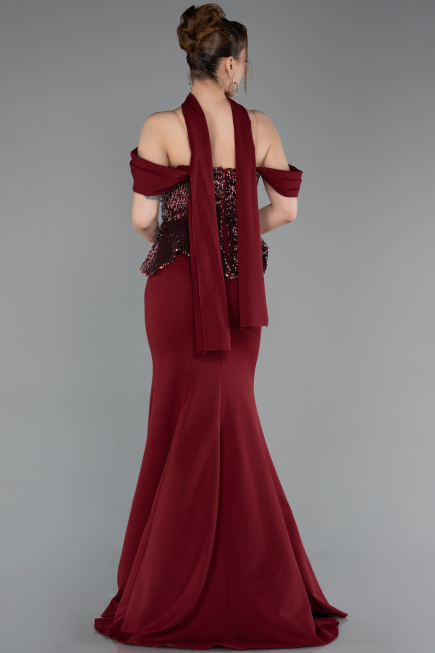 Bordo Üstü Pullu Kayık Yaka Peplum Uzun Abiye ABU6094