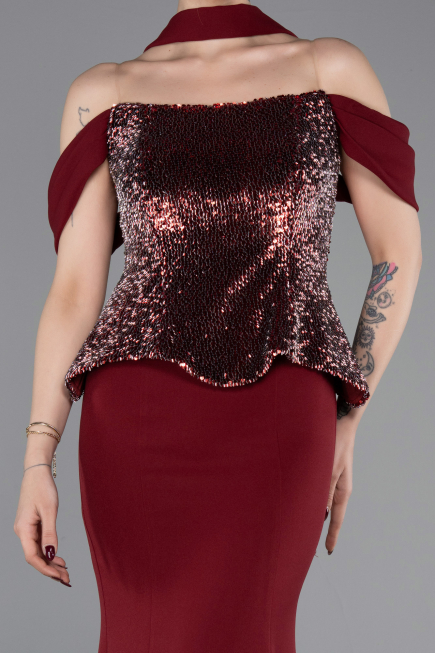 Bordo Üstü Pullu Kayık Yaka Peplum Uzun Abiye ABU6094