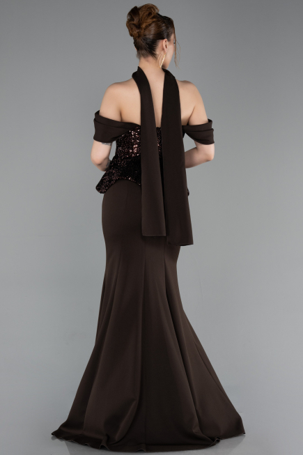 Kahve Üstü Pullu Kayık Yaka Peplum Uzun Abiye ABU6094