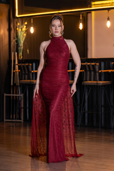 Bordo Halter Yaka Kuyruklu Uzun Dantel Abiye Elbise ABU6084