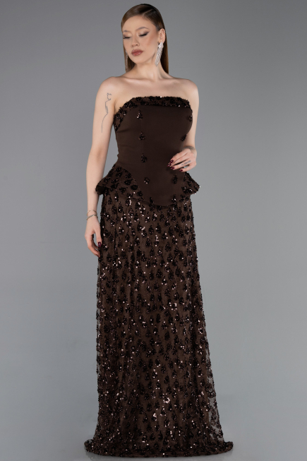 Kahve Pullu Straplez Peplum Kesim Abiye Elbise ABU6124