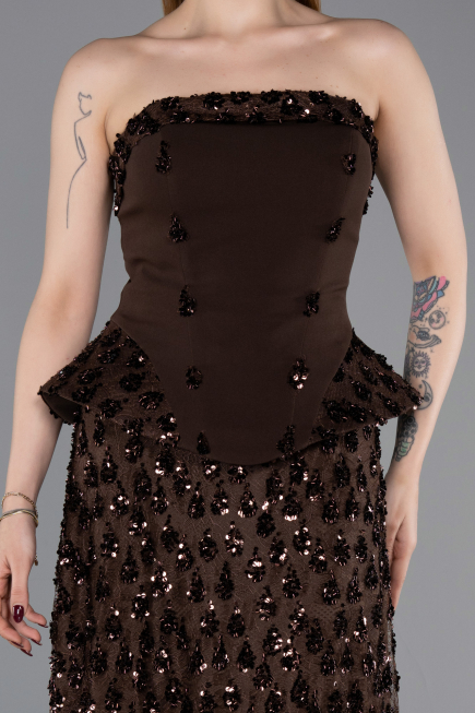 Kahve Pullu Straplez Peplum Kesim Abiye Elbise ABU6124