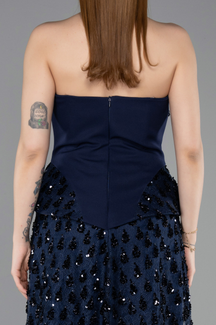 Lacivert Pullu Straplez Peplum Kesim Abiye Elbise ABU6124