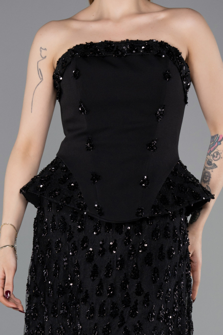 Siyah Pullu Straplez Peplum Kesim Abiye Elbise ABU6124