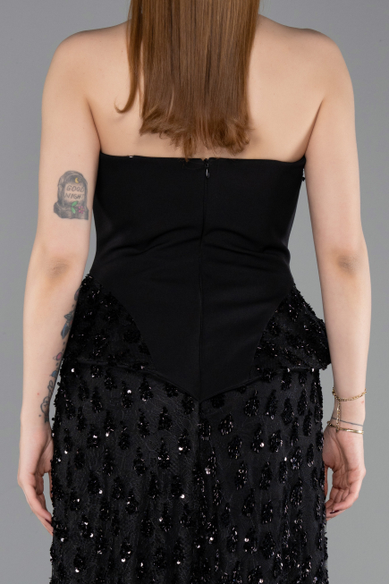 Siyah Pullu Straplez Peplum Kesim Abiye Elbise ABU6124