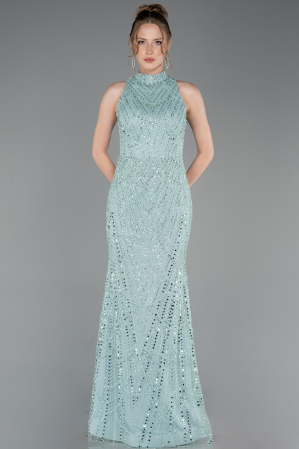 Mint Halter Yaka Boncuklu Uzun Balık Abiye ABU4791
