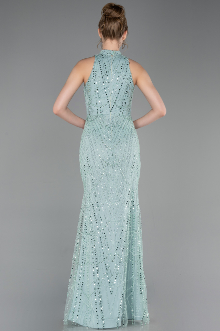 Mint Halter Yaka Boncuklu Uzun Balık Abiye ABU4791