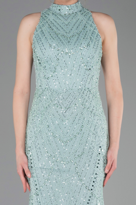 Mint Halter Yaka Boncuklu Uzun Balık Abiye ABU4791