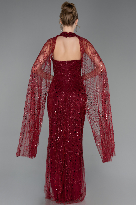 Bordo Halter Yaka Pelerin Detay Uzun Boncuklu Abiye ABU6154
