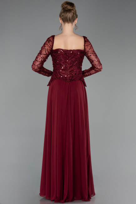 Bordo Pullu Kare Yaka Uzun Kol Peplum Şifon Abiye ABU6157