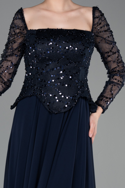 Lacivert Pullu Kare Yaka Uzun Kol Peplum Şifon Abiye ABU6157