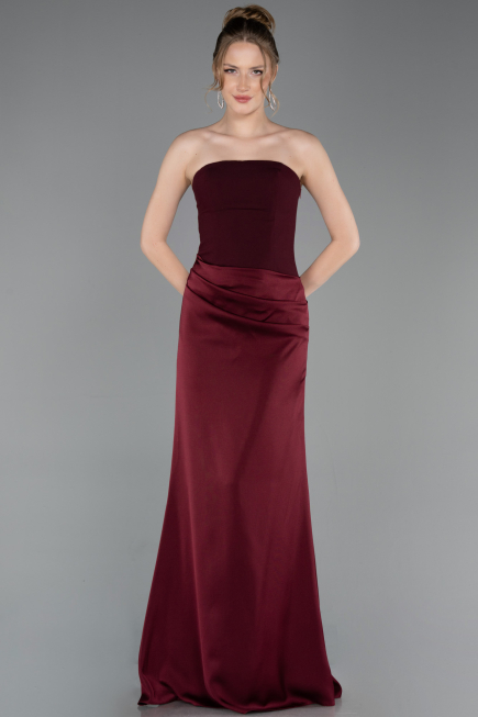 Bordo Straplez Uzun Saten Mezuniyet Elbisesi ABU6096