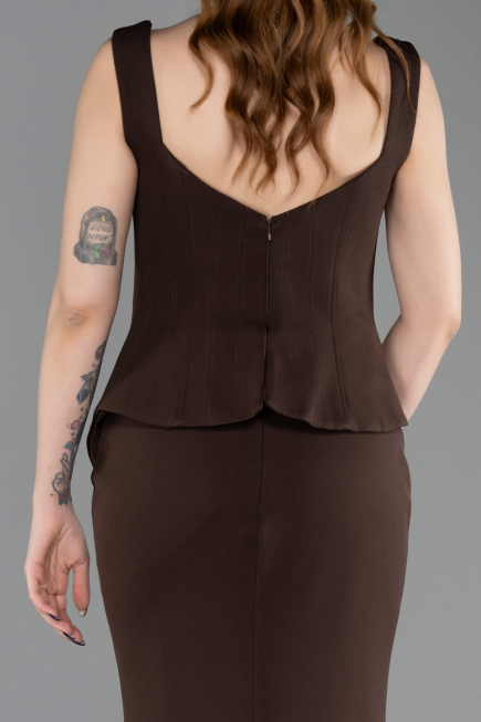 Kahve Kolsuz Kare Yaka Peplum Uzun Balık Abiye ABU5768