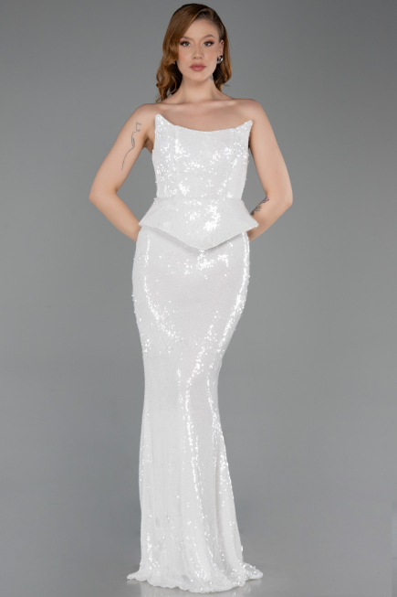 Ekru Straplez Yaka Peplum Kesim Uzun Pul Payet Abiye ABU5721