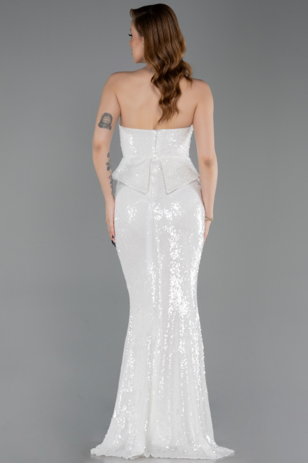 Ekru Straplez Yaka Peplum Kesim Uzun Pul Payet Abiye ABU5721
