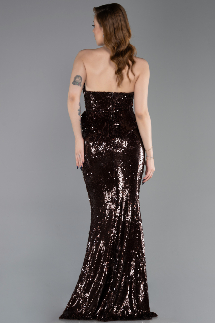 Kahve Straplez Yaka Peplum Kesim Uzun Pul Payet Abiye ABU5721