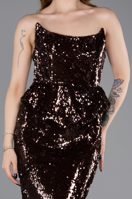 Kahve Straplez Yaka Peplum Kesim Uzun Pul Payet Abiye ABU5721