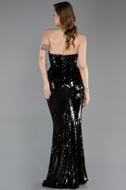 Siyah Straplez Yaka Peplum Kesim Uzun Pul Payet Abiye ABU5721