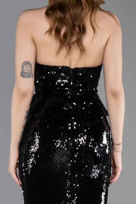 Siyah Straplez Yaka Peplum Kesim Uzun Pul Payet Abiye ABU5721