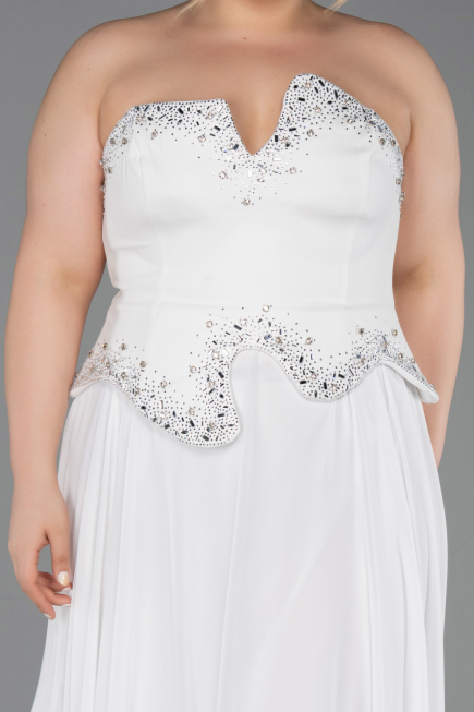 Ekru Taşlı Asimetrik Straplez Peplum Uzun Şifon Abiye ABU6188