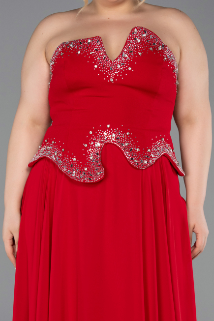 Kırmızı Taşlı Asimetrik Straplez Peplum Uzun Şifon Abiye ABU6188