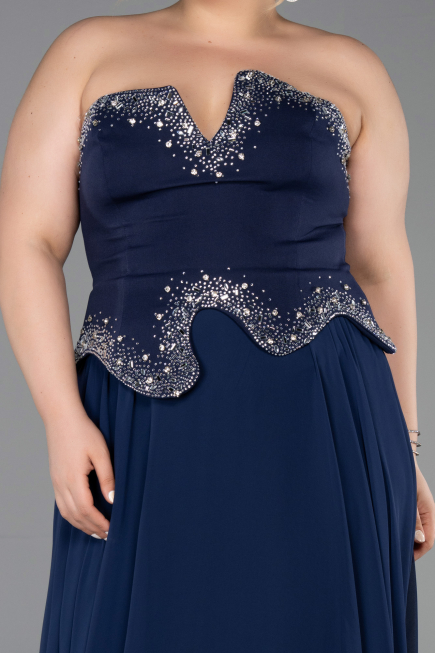 Lacivert Taşlı Asimetrik Straplez Peplum Uzun Şifon Abiye ABU6188