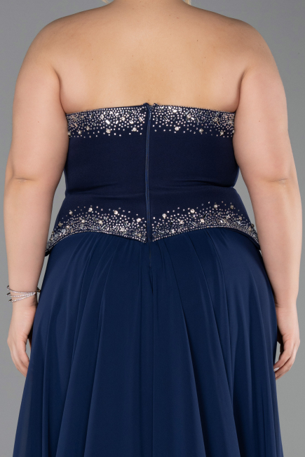 Lacivert Taşlı Asimetrik Straplez Peplum Uzun Şifon Abiye ABU6188