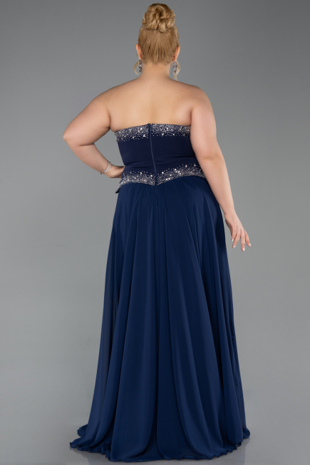 Lacivert Taşlı Asimetrik Straplez Peplum Uzun Şifon Abiye ABU6188