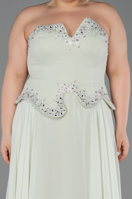 Mint Taşlı Asimetrik Straplez Peplum Uzun Şifon Abiye ABU6188