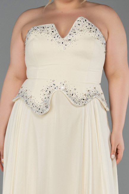 Sarı Taşlı Asimetrik Straplez Peplum Uzun Şifon Abiye ABU6188